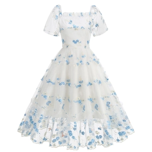 Vintage 50s white mesh dress with floral embroidery, square neck and puff sleeves