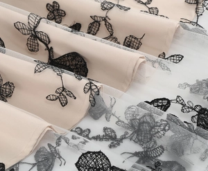 Close-up of black floral embroidery on white mesh fabric over an apricot lining