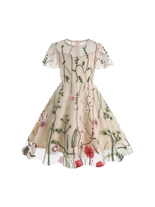 Elegant champagne girls dress with floral embroidery, mesh layering and puff sleeves