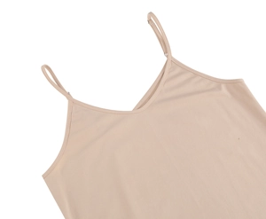 Detail of light beige camisole dress with deep V-neck and adjustable spaghetti straps