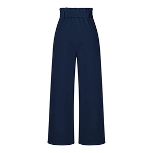 Detail of high-waist paperbag wide leg trousers in navy blue with matching fabric belt