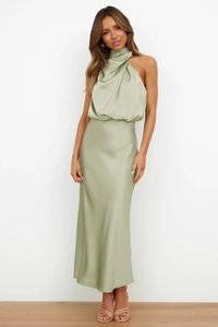 Elegant halter neck satin sleeveless maxi dress in olive green with silky drape texture