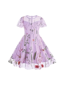 Lavender mesh girl's dress with vibrant wildflower floral embroidery and short sleeves