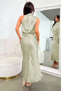 Detail of elegant bean green satin sleeveless dress with halter neck and back zipper