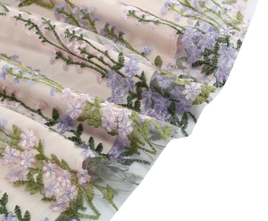 Detailed close-up of purple floral embroidery on white mesh fabric with pink lining