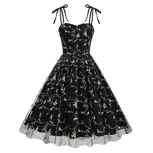 Women Vintage Spaghetti Strap Mesh Embroidery Dress Elegant Sweetheart Neck A-Line Midi Party Dress With Bows For Wedding