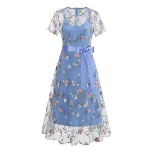 Two-piece French vintage dress set with floral embroidery and a blue satin waist bow