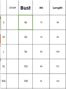 Tableau des tailles détaillé pour robe sans manches à col en U avec mesures du S au XXL