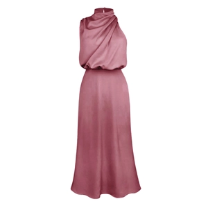 Detail of elegant satin sleeveless dress with draped halter neck and waist tailoring