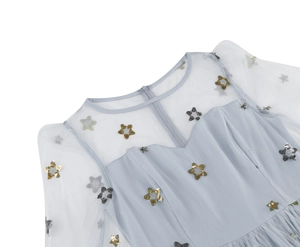Detail of light blue dress showing mesh neckline with gold and silver star embroidery