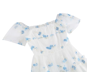 Detail of white mesh dress with 3D blue floral embroidery and puff short sleeves