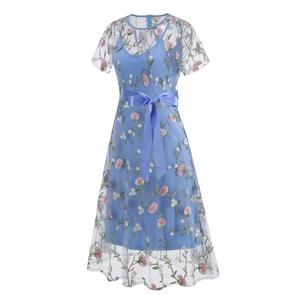 Detailed embroidery of pink flowers and green leaves on a light blue tulle dress