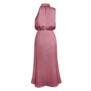 Detail view of back neck button and invisible zipper on elegant dusty pink satin dress