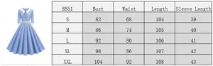 Detailed size chart for elegant light blue midi dress with white lapel and measurements