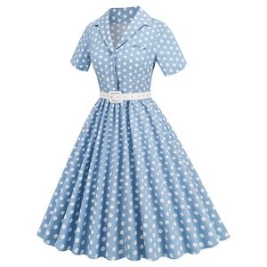 Detail of 1950s retro light blue polka dot dress with lapel collar and white waist belt