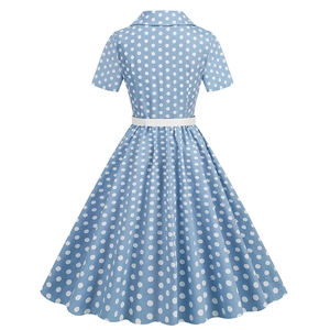 Back view of light blue polka dot retro A-line dress with white belt and lapel collar