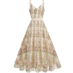 Women Vintage V-Neck Embroidery Mesh Floral Maxi Dress Elegant Strap A-Line Party Evening Formal Gown