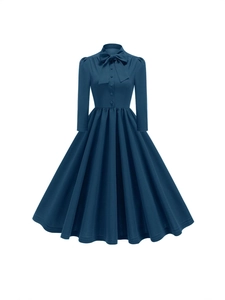 Robe Midi Rétro Française pour Femme Manches Longues Nœud Papillon Trapèze Taille Haute Style Hepburn Robe de Soirée Formelle