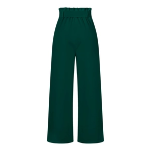 Detail of high waisted wide leg trousers in dark green featuring a stylish tie waist belt