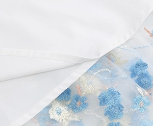 Close-up of intricate floral mesh embroidery and stitching on vintage cake dress