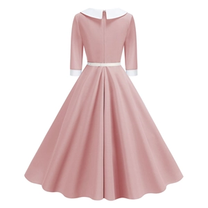 Back view of elegant pink A-line dress with white Peter Pan collar and invisible zipper