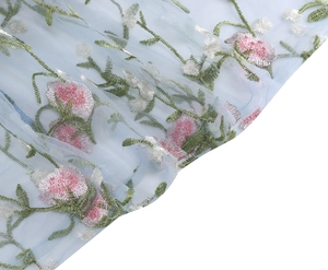 Detail of light blue mesh dress featuring intricate pink and white floral embroidery