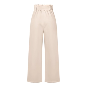 Detail of high waisted paperbag trousers with matching belt and soft pleats in apricot