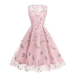 Robe Vintage Femme Col Rond Sans Manches Broderie Maille Élégante Florale Trapèze Fête Banquet Robe Midi Polyester