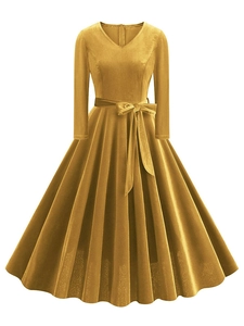 Vestito Midi Vintage a Maniche Lunghe con Scollo a V in Misto Cotone Effetto Velluto con Cintura a Fiocco Elegante Abito a Trapezio da Donna per Feste
