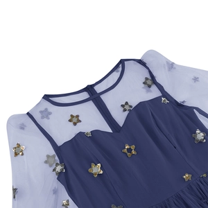 Detail of star-shaped gold and silver sequins on navy blue mesh sleeves and heart bodice