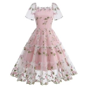 Pink floral embroidered mesh dress with square neck and layered tiered cake skirt