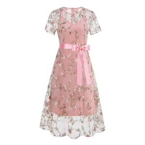 Pink vintage embroidered mesh two-piece dress with floral patterns and a waist bow