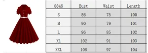 Size chart for the vintage short-sleeve A-line dress with detailed measurements