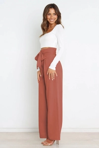 Detail view of high waisted wide leg pants featuring a stylish bow tie knot in brick red
