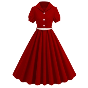 Detail of red vintage dress featuring retro lapel collar with white buttons and belt