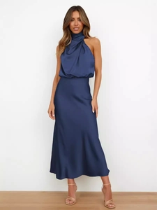 Women Elegant Satin Cowl Neck Maxi Dress Sleeveless Halter Backless Evening Party Long Dress For Banquet Graduation