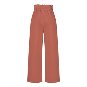 Detail view of high waist paper-bag wide leg trousers with a matching fabric belt