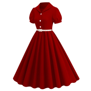 Detail of red vintage A-line dress featuring white buttons and matching waist belt