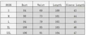 Detailed size chart for retro three-quarter sleeve dress including S to XXL measurements