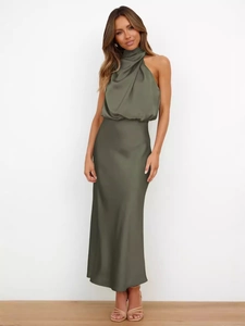 Elegant olive green satin sleeveless maxi dress featuring a high halter neck and draped bodice
