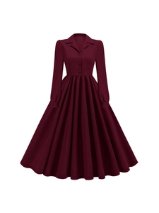 Robe à Manches Longues Style Vintage Hepburn Femme Élégante Robe Midi Trapèze Avec Col à Revers Simple Boutonnage pour Soirée