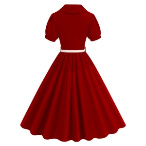 Detail view of a vintage dark red A-line dress with a white waist belt and a flared skirt