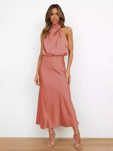 Elegant mauve satin halter neck midi dress with a pleated bodice and slim waist fit