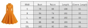 Detailed size guide table for this elegant vintage long-sleeve dress from S to XXL