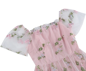 Detail of pink mesh dress featuring delicate floral embroidery and puff sleeves