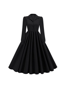 Robe noire rétro à manches longues, col à revers, boutons et jupe plissée évasée élégante