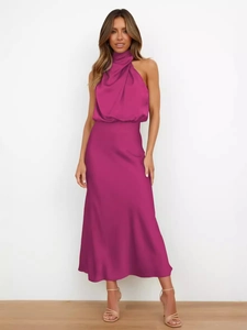 Elegant fuchsia halter neck satin midi dress with silky texture and slim fit design