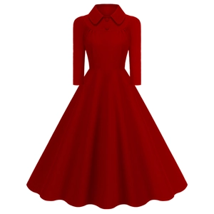 Detail of red vintage dress with Peter Pan collar and buttons on textured fabric