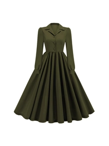 Robe trapèze vintage vert olive à manches longues avec col à revers et boutons à la taille