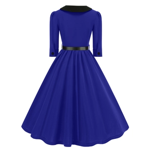Detailed back view of royal blue vintage A-line dress with wide flare and high waist